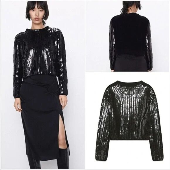 Zara Black Zara Sequin Embellished Chenille Cropped Sweater Size MED - Picture 1 of 6